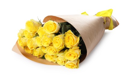 Beautiful bouquet of yellow roses with ribbon isolated on white