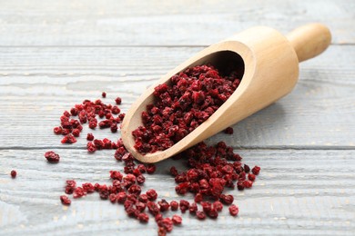 Photo of Dried red currants and scoop on grey wooden table