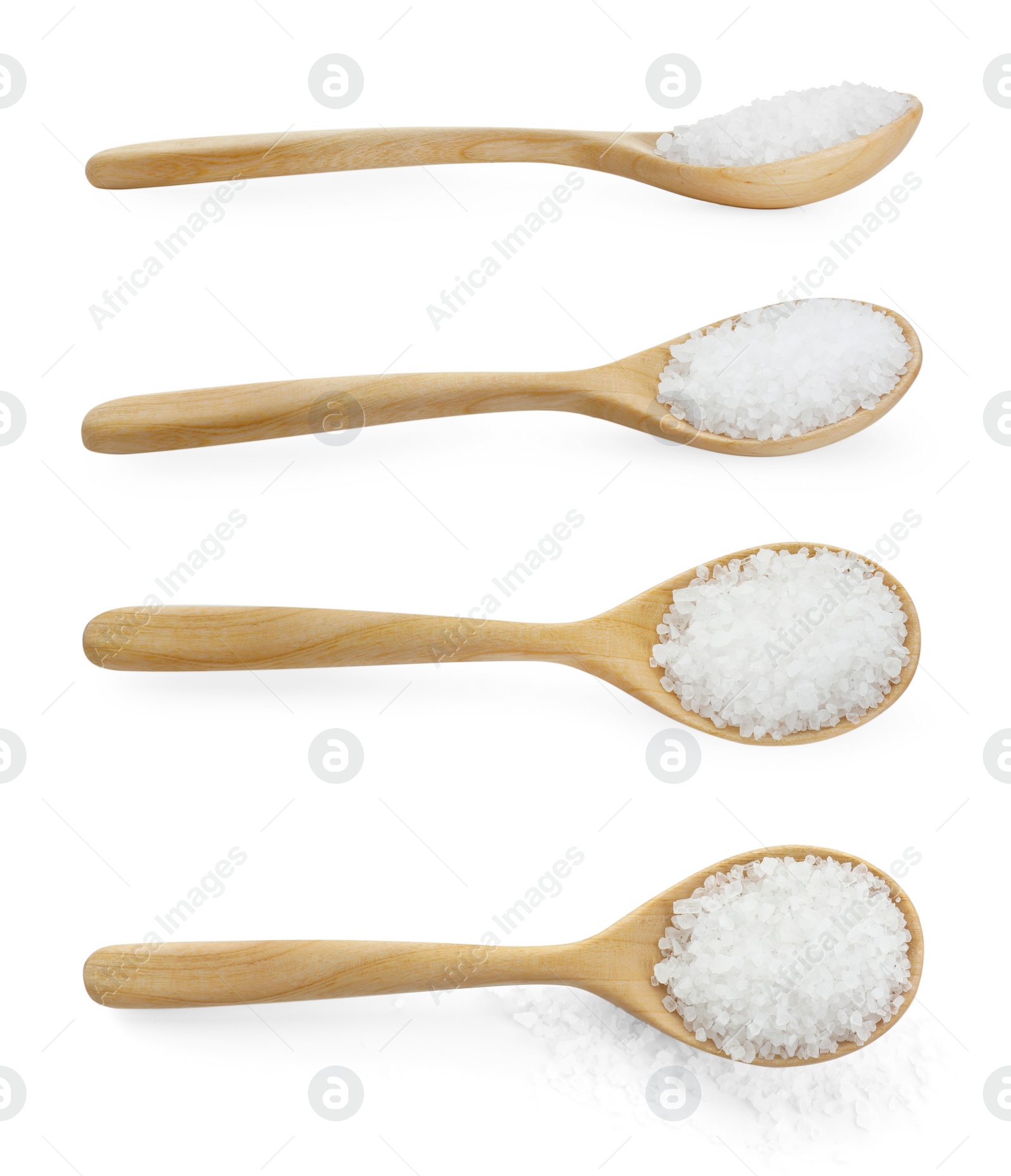 Image of Set of natural salt in spoon isolated on white, side and top views