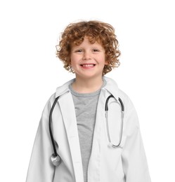 Photo of Little boy in medical uniform with stethoscope on white background