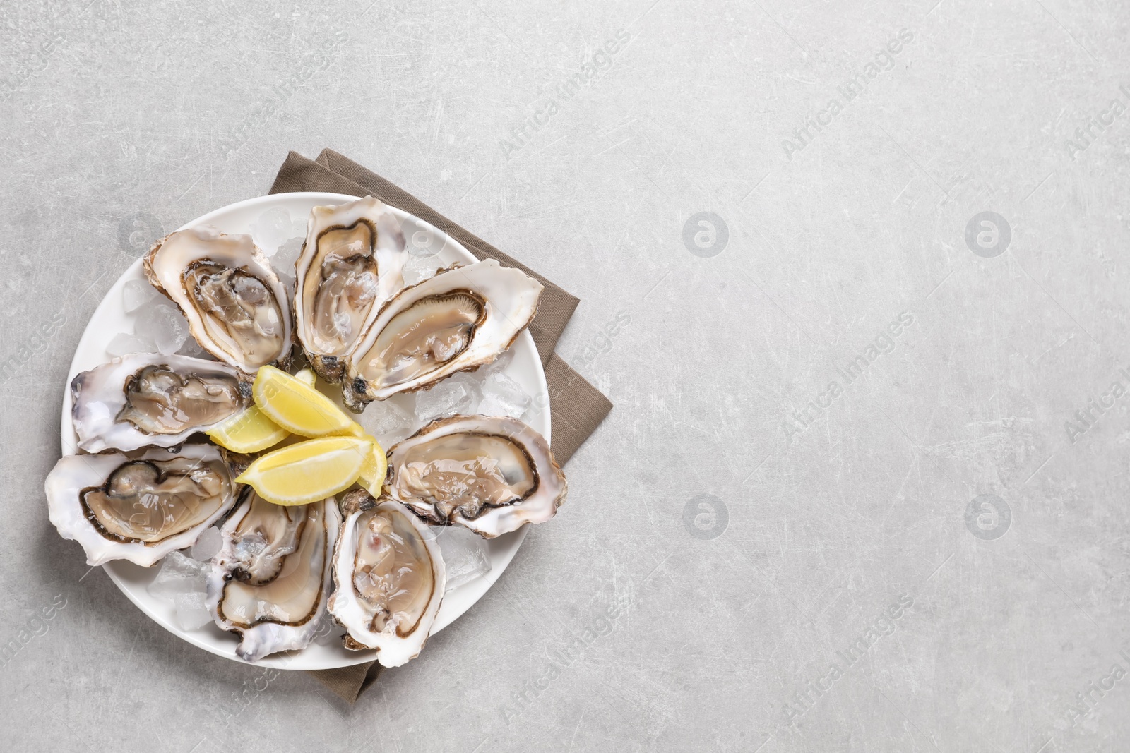 Photo of Delicious fresh oysters with lemon slices on light grey table, top view. Space for text