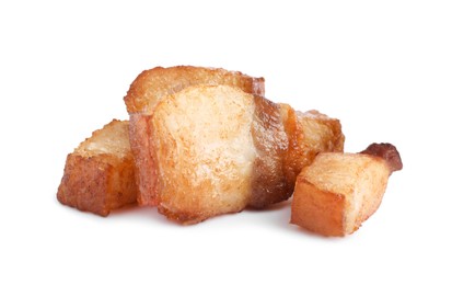 Photo of Tasty fried cracklings on white background. Cooked pork lard