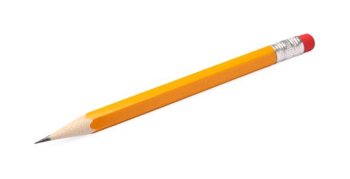 Photo of Short graphite pencil with eraser isolated on white. School stationery