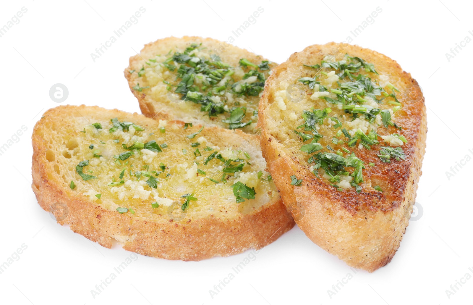 Photo of Slices of toasted bread with garlic and herb on white background