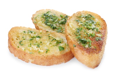 Photo of Slices of toasted bread with garlic and herb on white background