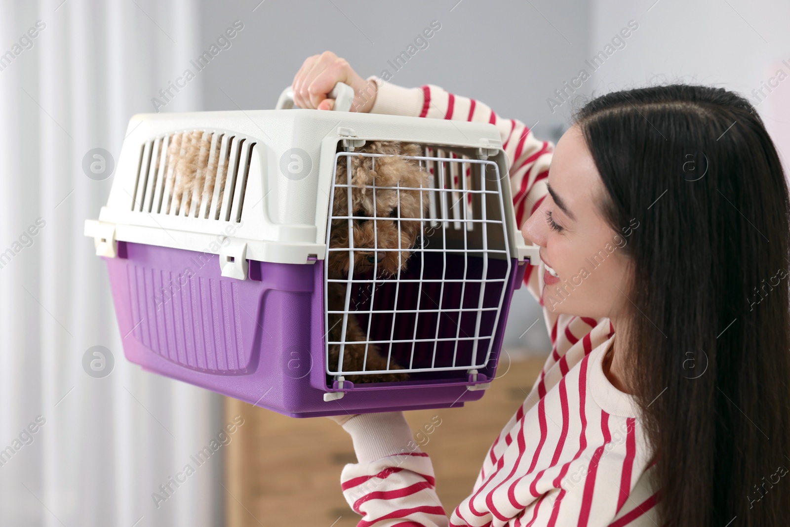 Photo of Travelling with pet. Smiling woman looking at carrier with her dog indoors