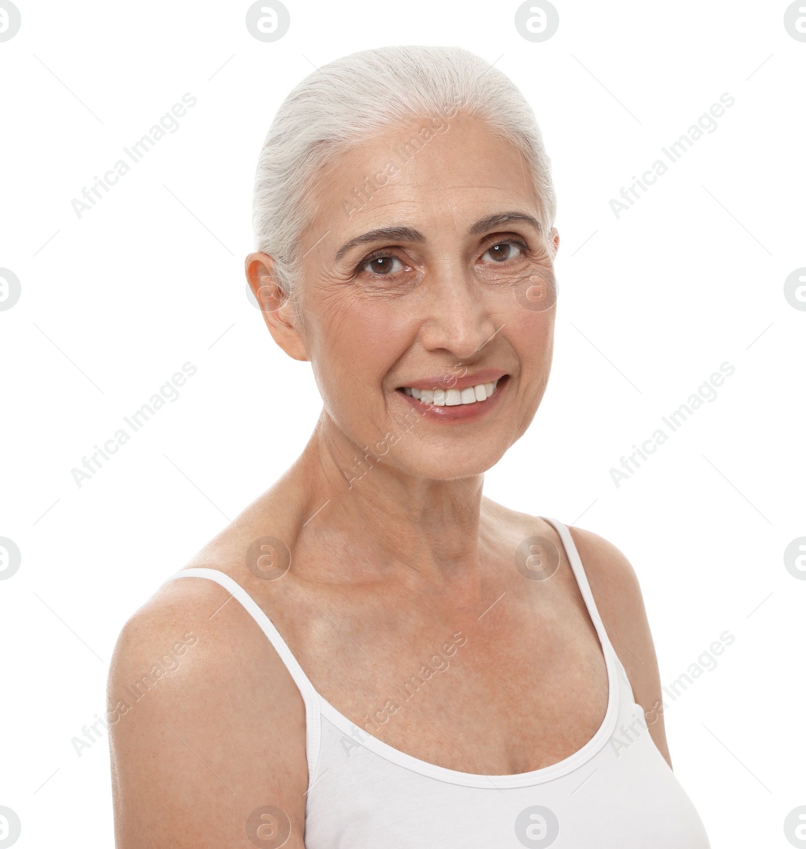 Photo of Portrait of beautiful mature woman on white background