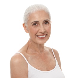 Photo of Portrait of beautiful mature woman on white background