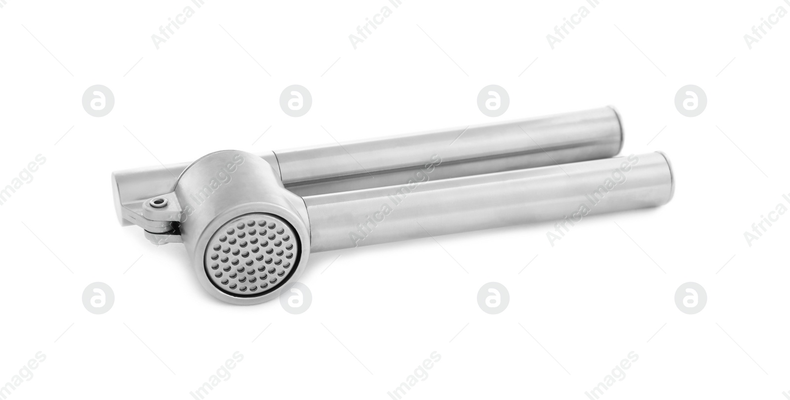 Photo of Garlic press isolated on white. Kitchen utensils