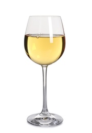 Photo of Glass of delicious expensive wine on white background