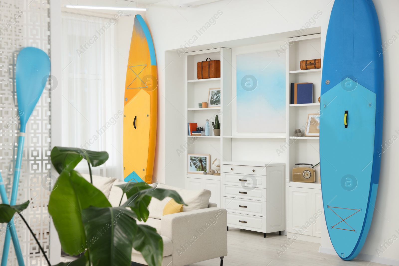 Photo of SUP boards, shelving unit with different decor elements and stylish sofa in room. Interior design