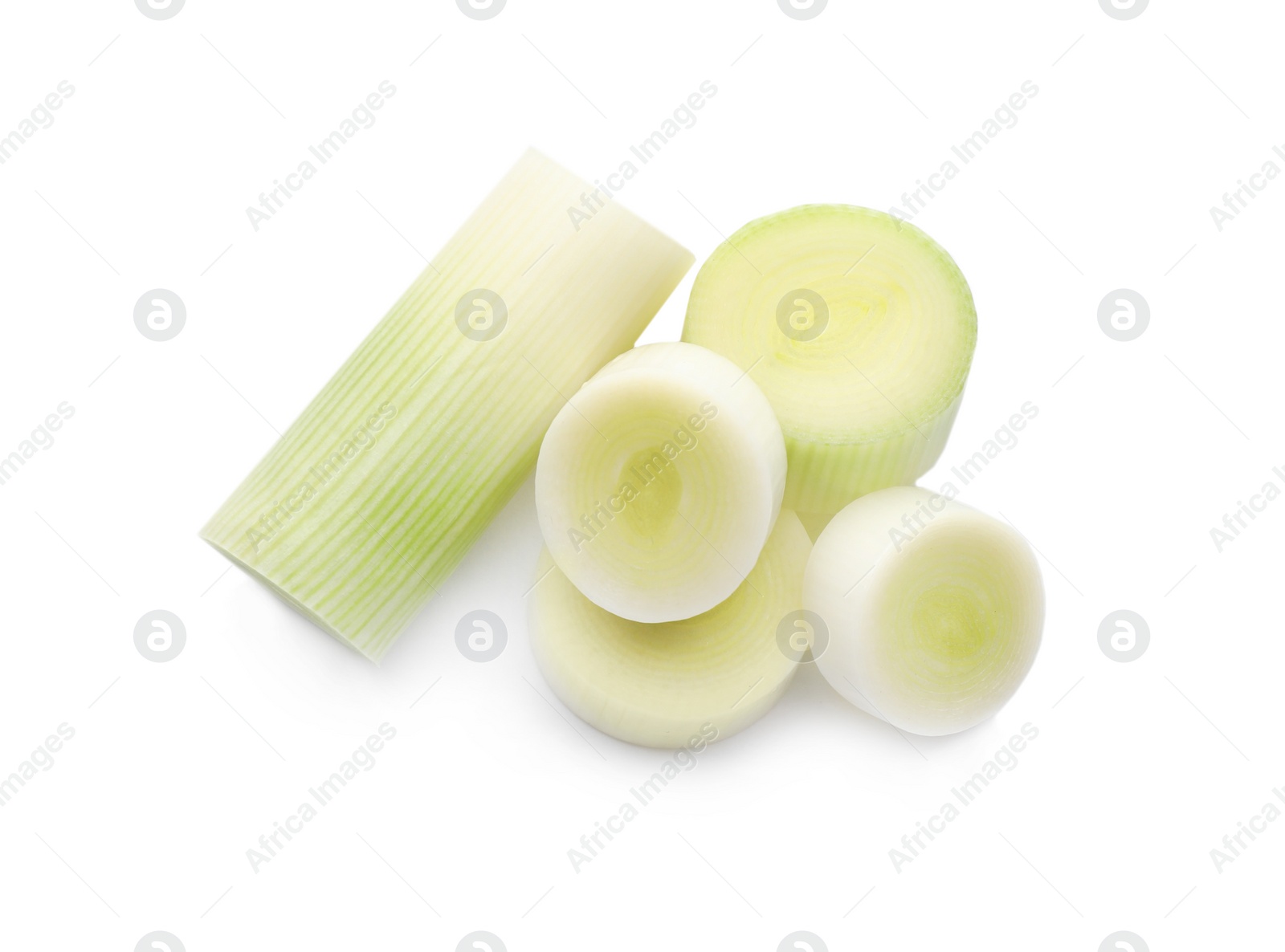 Photo of Sliced fresh raw leek on white background, above view