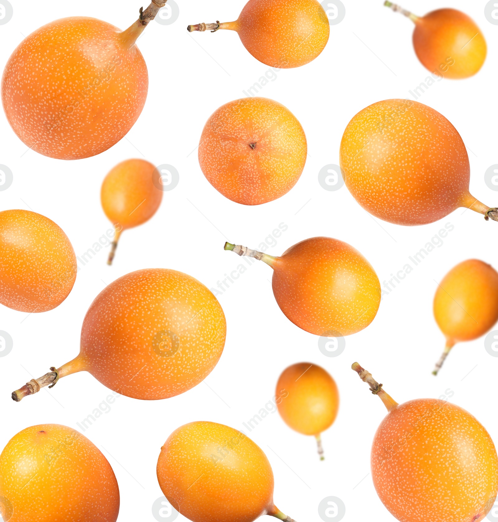 Image of Delicious ripe granadillas falling on white background 