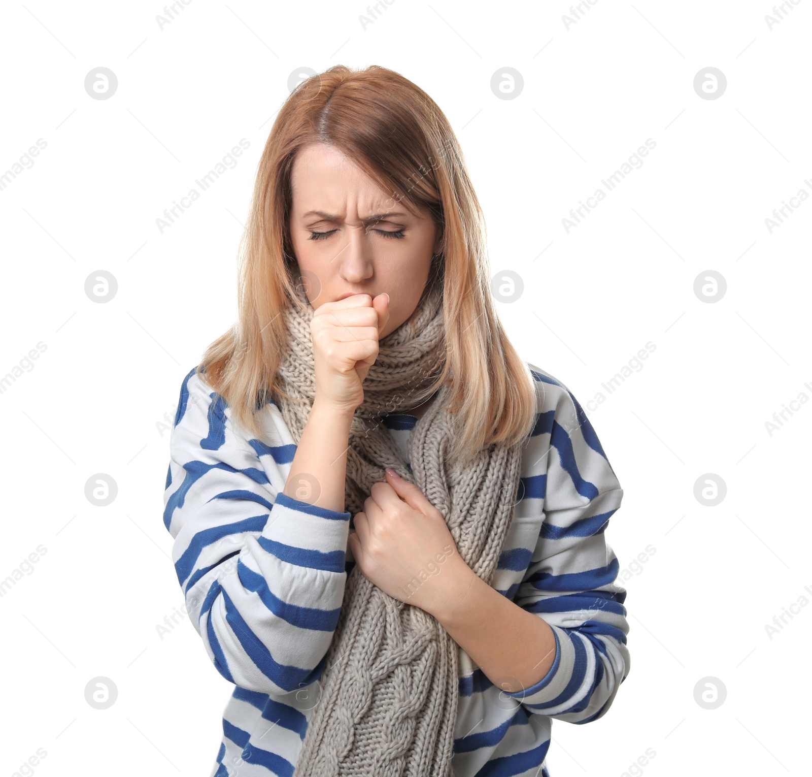 Photo of Young woman coughing on white background