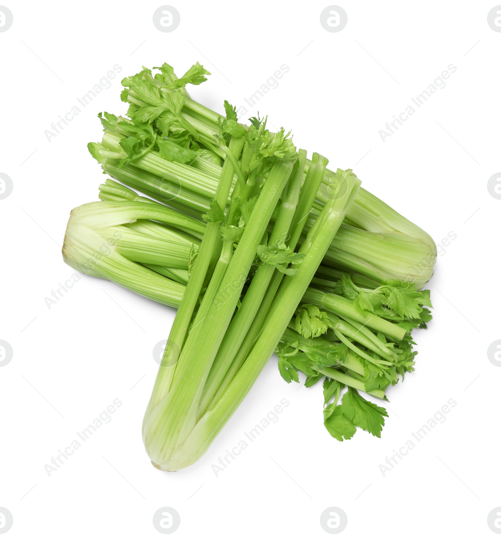 Photo of Fresh green celery bunches isolated on white, top view