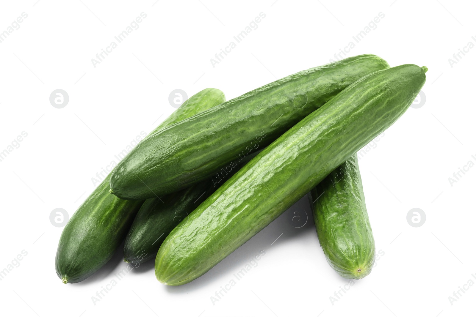 Photo of Many long fresh cucumbers isolated on white