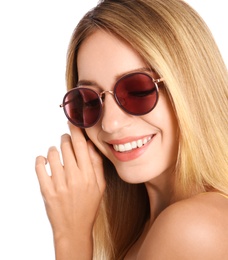 Photo of Beautiful woman in stylish sunglasses on white background, closeup