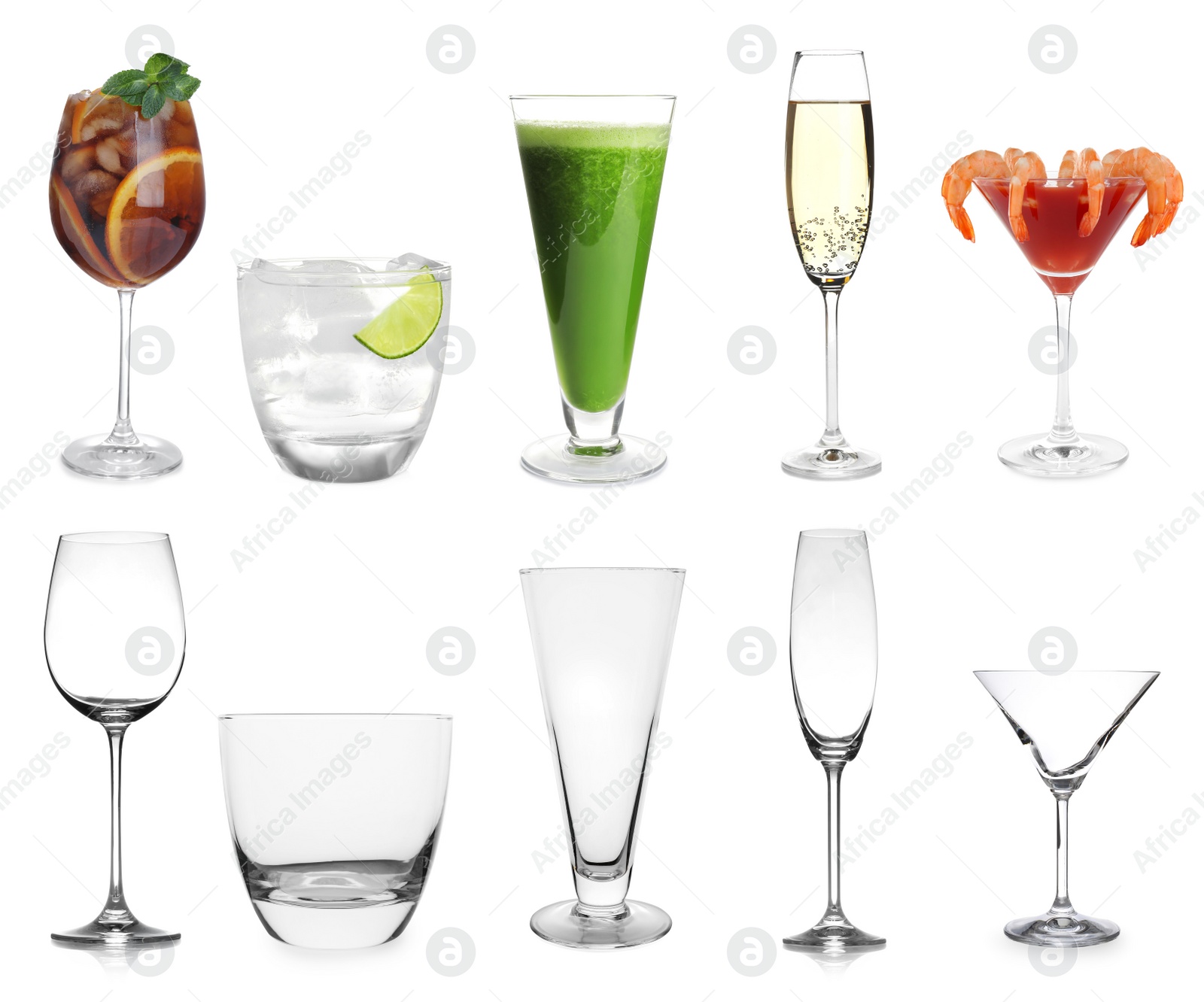 Image of Collage with full and empty glasses on white background