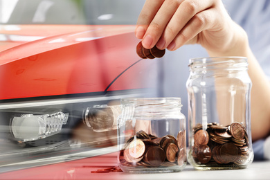Image of Buying car. Double exposure of auto and woman putting coins into jar