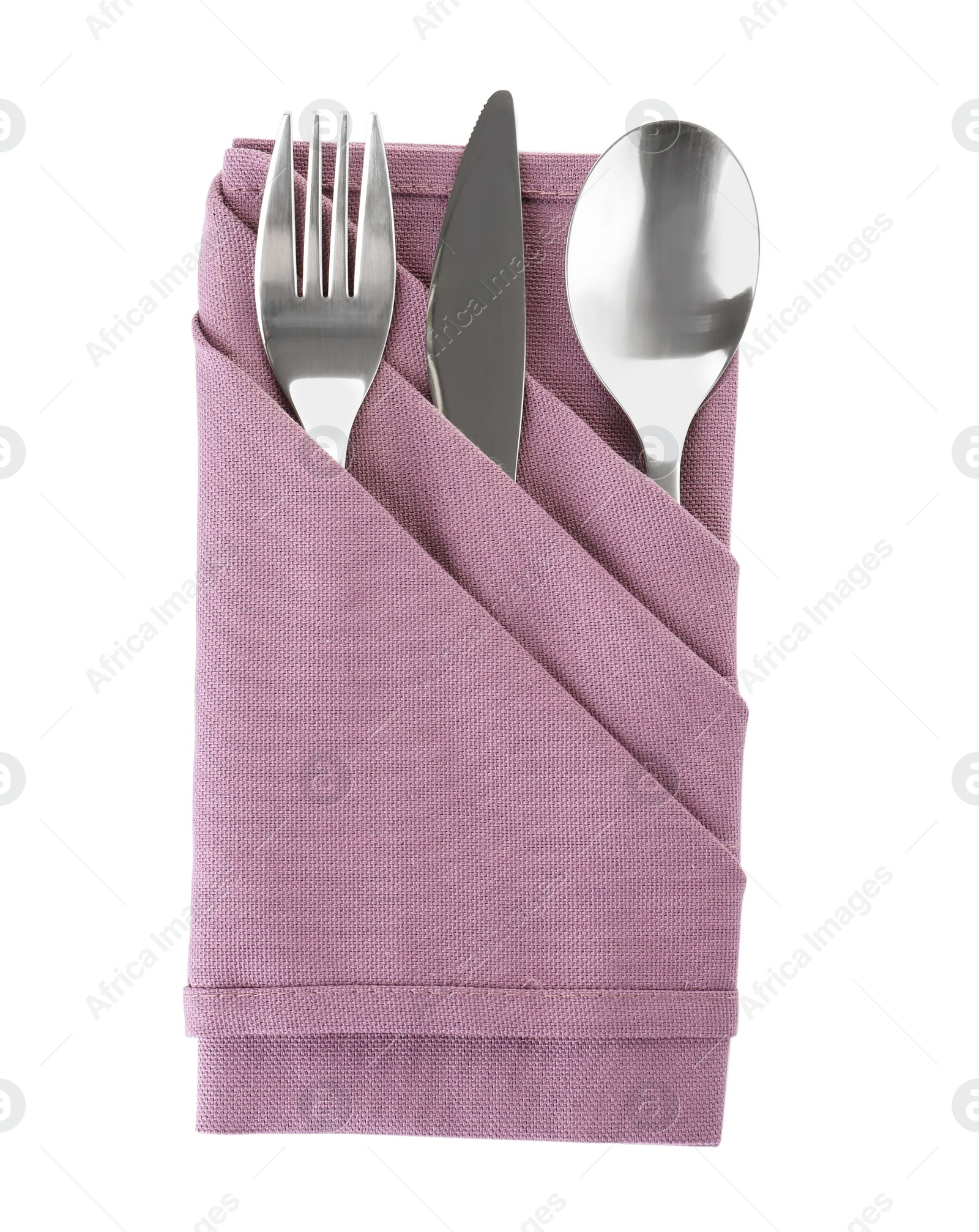 Photo of Folded napkin with fork, spoon and knife on white background, top view