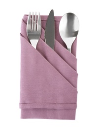 Photo of Folded napkin with fork, spoon and knife on white background, top view