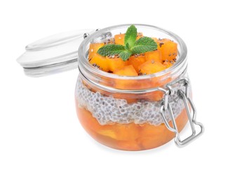 Delicious dessert with persimmon and chia seeds isolated on white
