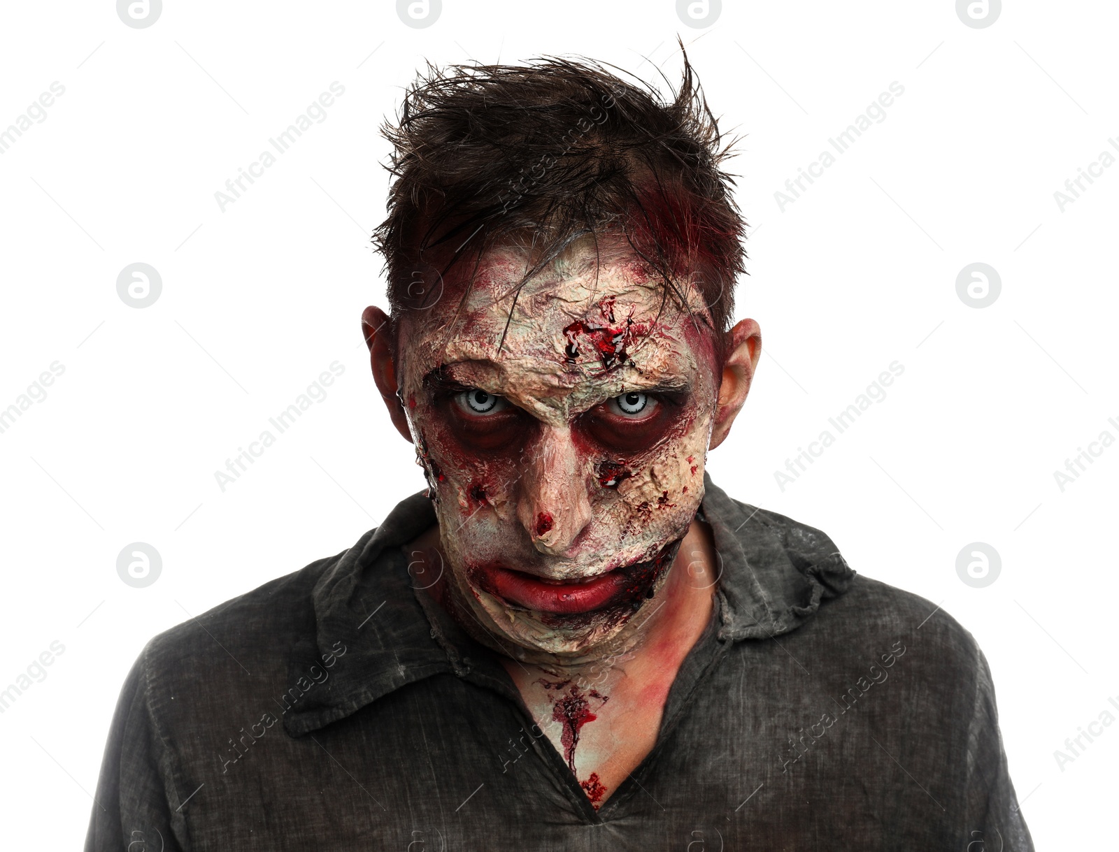 Photo of Scary zombie on white background. Halloween monster