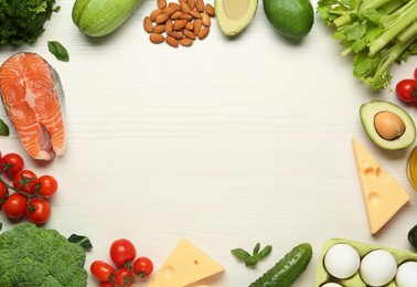 Photo of Frame of fresh organic products on white wooden table, flat lay with space for text. Keto diet