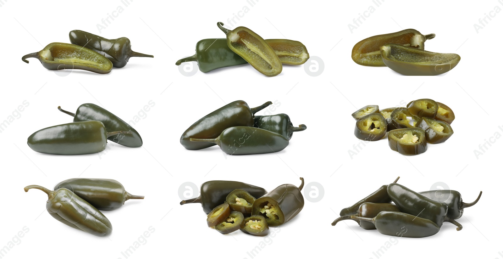 Image of Set with pickled green jalapeno peppers on white background