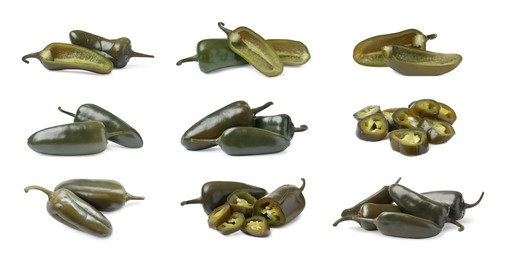 Image of Set with pickled green jalapeno peppers on white background