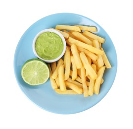 Photo of Plate with delicious french fries, avocado dip and lime isolated on white, top view