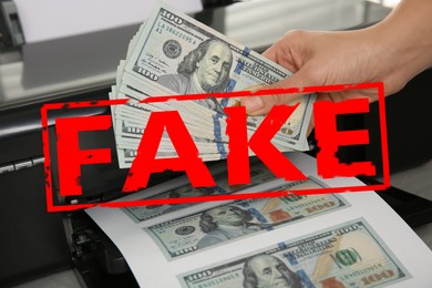 Image of Counterfeiter printing fake dollar banknotes, closeup 