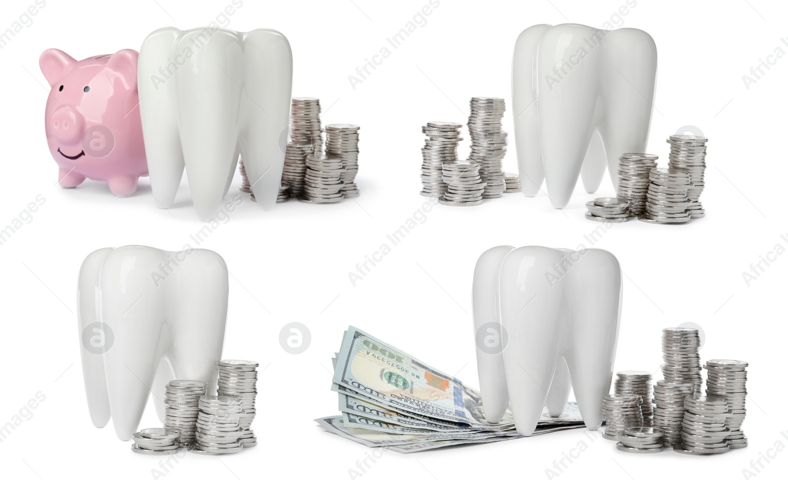 Set with ceramic models of teeth and money on white background. Expensive treatment Image of Set with ceramic models of teeth and money on white background. Expensive treatment