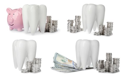 Image of Set with ceramic models of teeth and money on white background. Expensive treatment