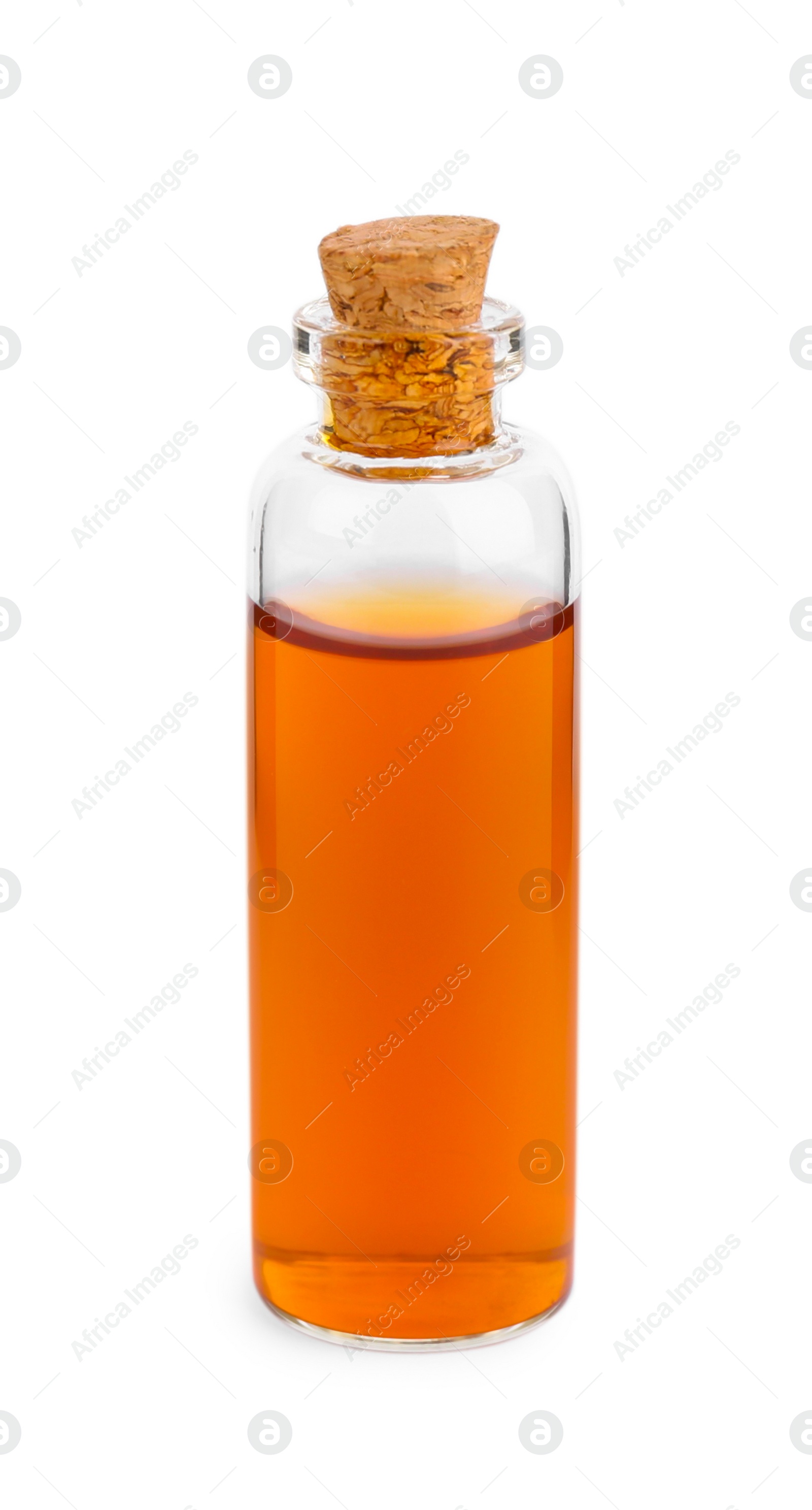 Photo of Bottle of essential oil isolated on white