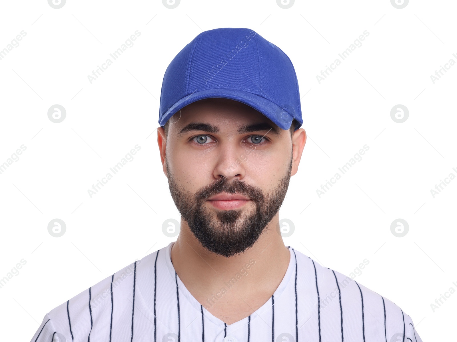 Photo of Man in stylish blue baseball cap on white background