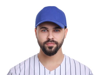 Photo of Man in stylish blue baseball cap on white background