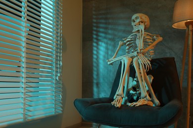Waiting concept. Human skeleton sitting in armchair indoors, space for text