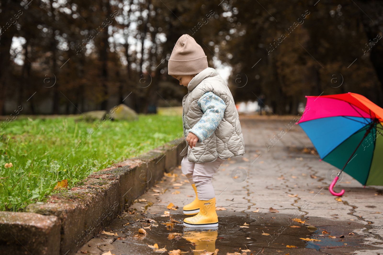 Photo of Cute little girl standing in puddle near colorful umbrella outdoors