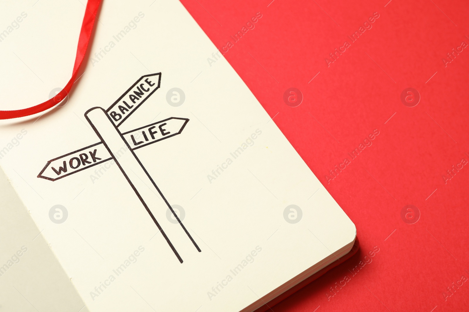 Photo of Signpost with words drawn in notebook on red background, closeup. Life and work balance concept