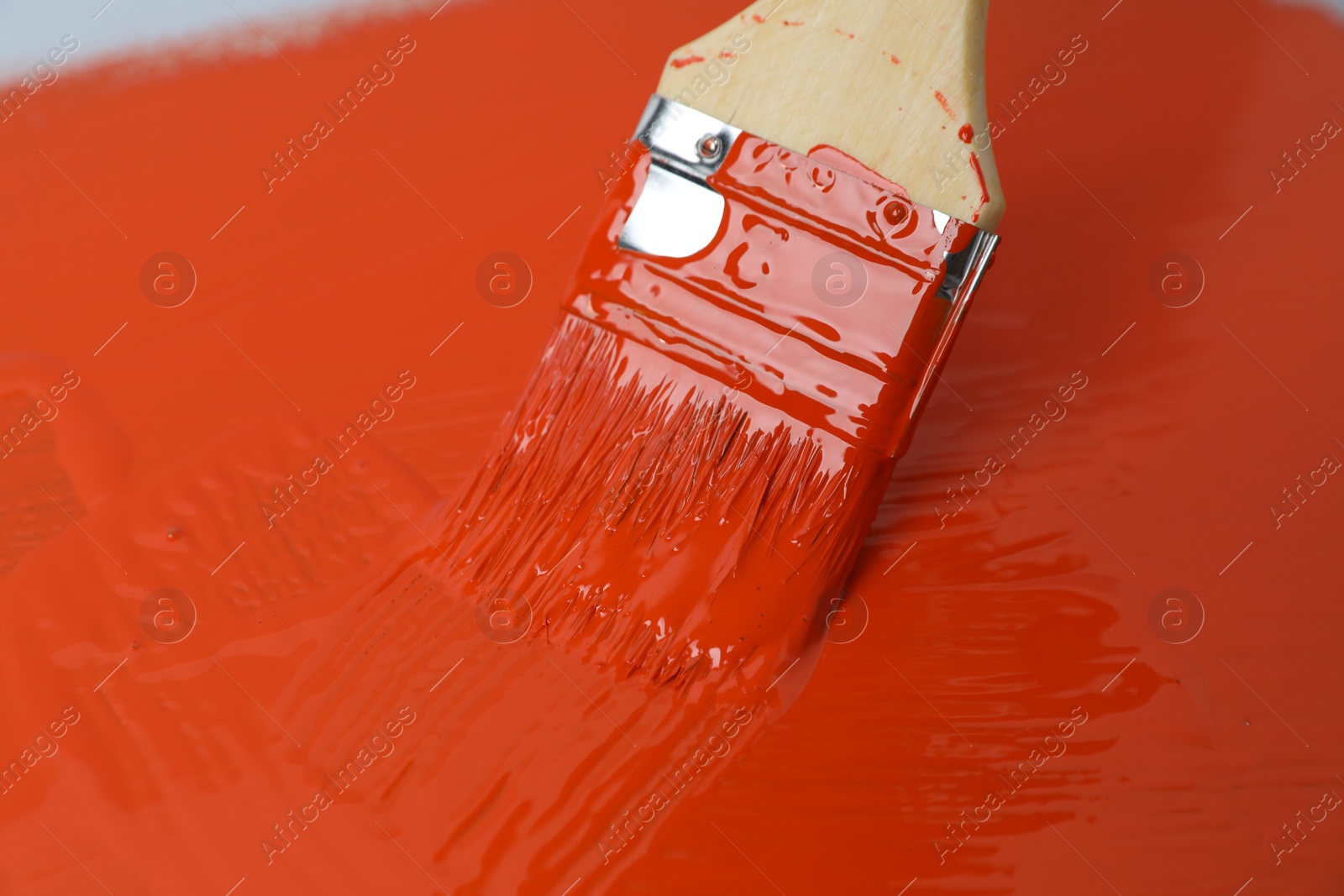 Photo of Applying orange paint with brush on white background, closeup