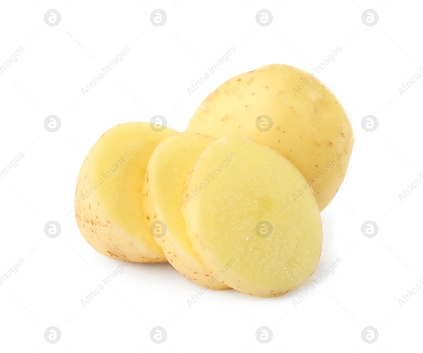 Photo of Whole and cut fresh raw organic potatoes on white background