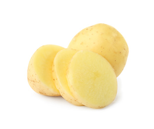 Photo of Whole and cut fresh raw organic potatoes on white background