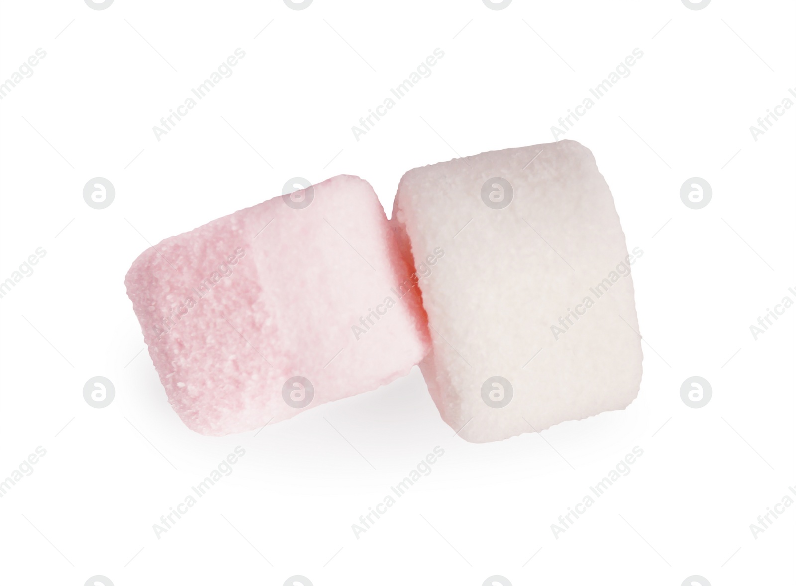 Photo of Delicious sweet puffy marshmallows on white background, top view