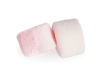 Photo of Delicious sweet puffy marshmallows on white background, top view