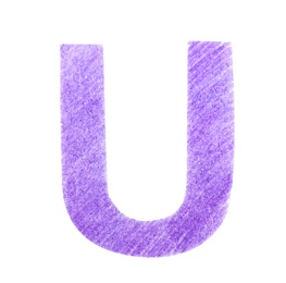 Photo of Letter U written with violet pencil on white background, top view