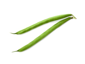 Fresh green beans on white background, top view