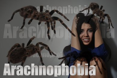 Image of Arachnophobia concept. Double exposure of scared woman and spiders