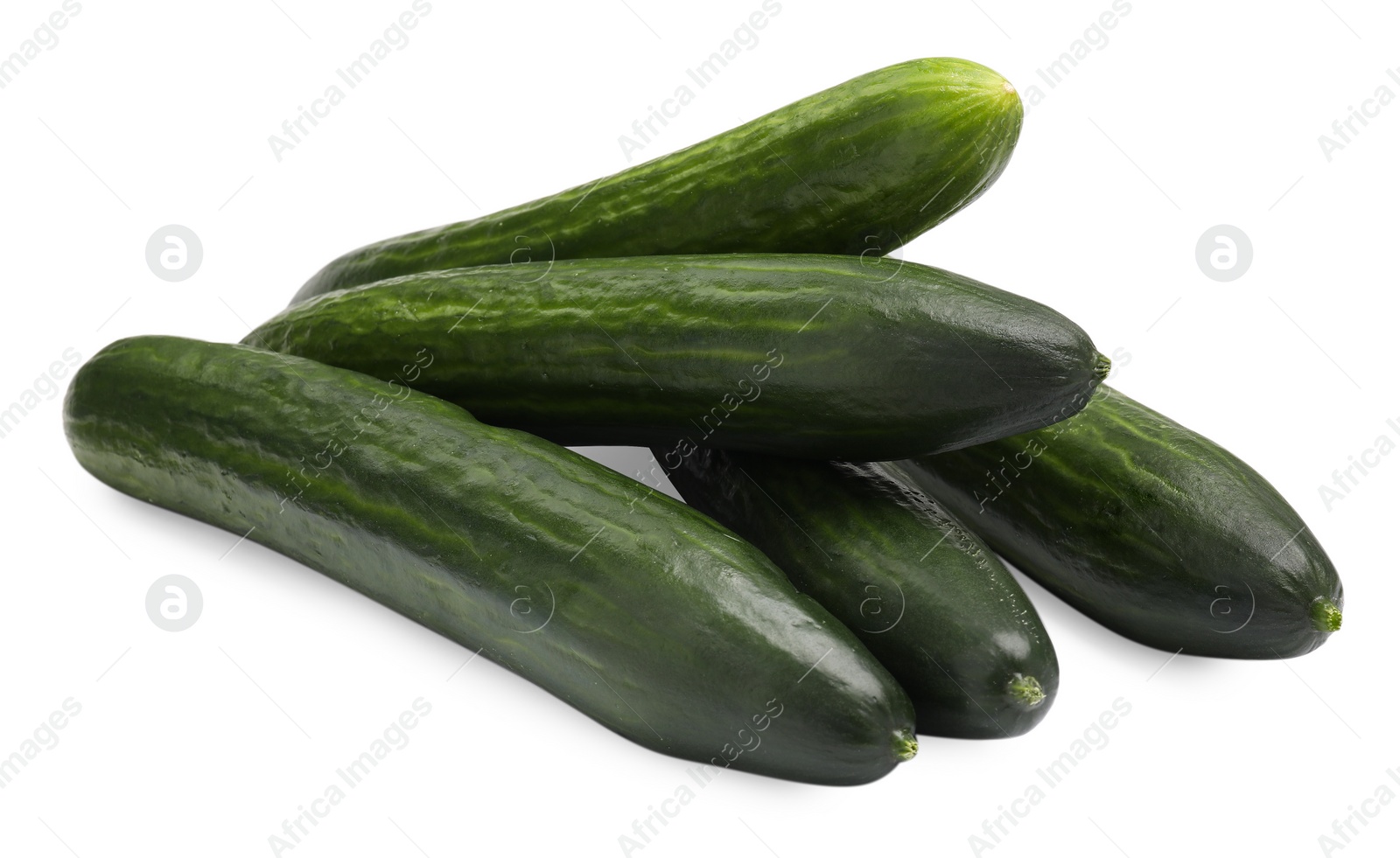 Photo of Many long fresh cucumbers isolated on white