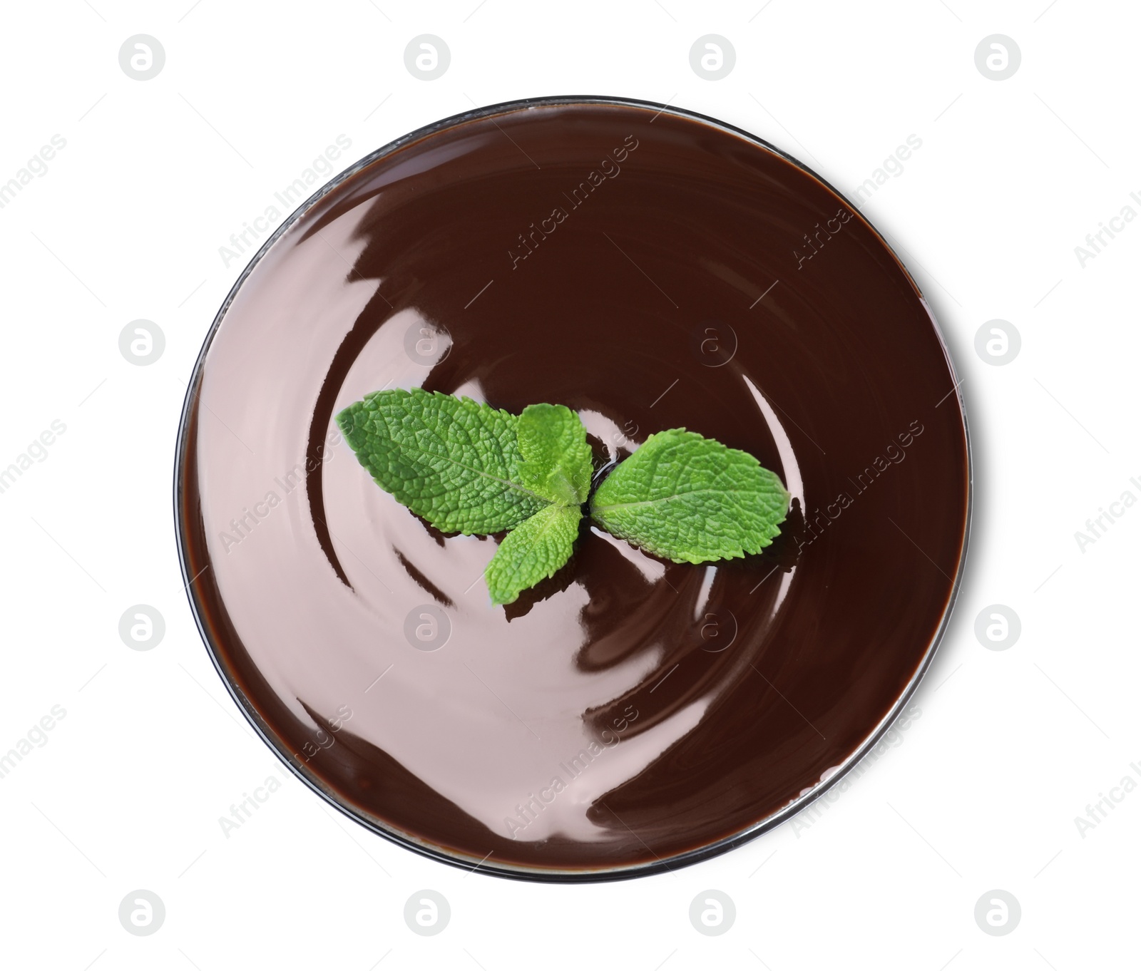 Photo of Delicious chocolate cream with mint in bowl on white background, top view